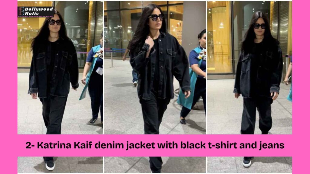 Katrina Kaif denim jacket with black t-shirt and jeans Airport Looks by Bollywood Celebrities
