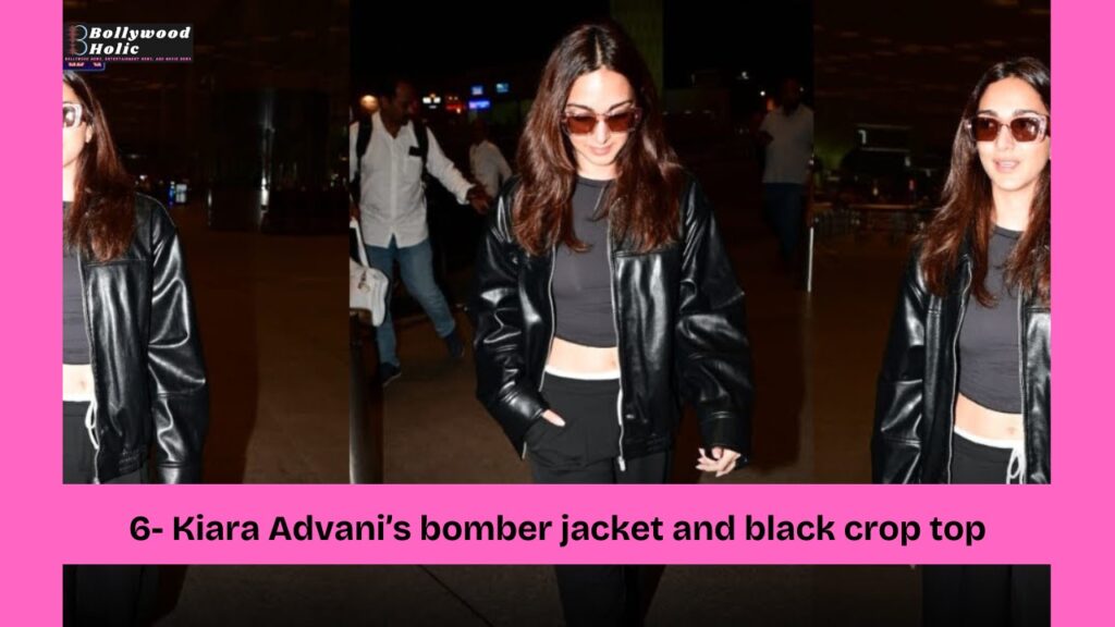 Kiara Advani’s bomber jacket and black crop top Airport Looks by Bollywood Celebrities