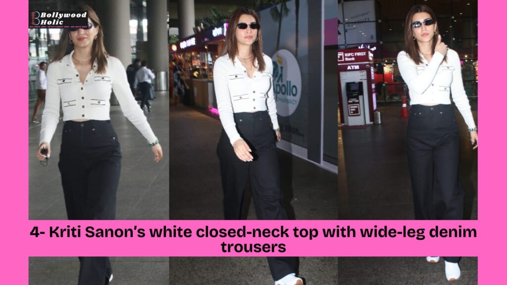 Kriti Sanon’s white closed-neck top with wide-leg denim trousers Airport Looks by Bollywood Celebrities