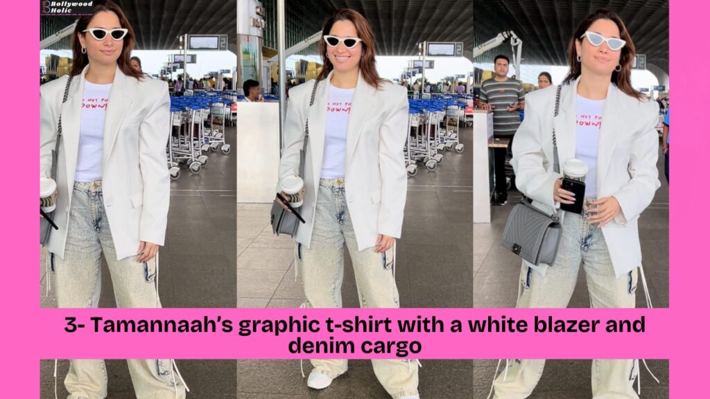 Tamannaah’s graphic t-shirt with a white blazer and denim cargo